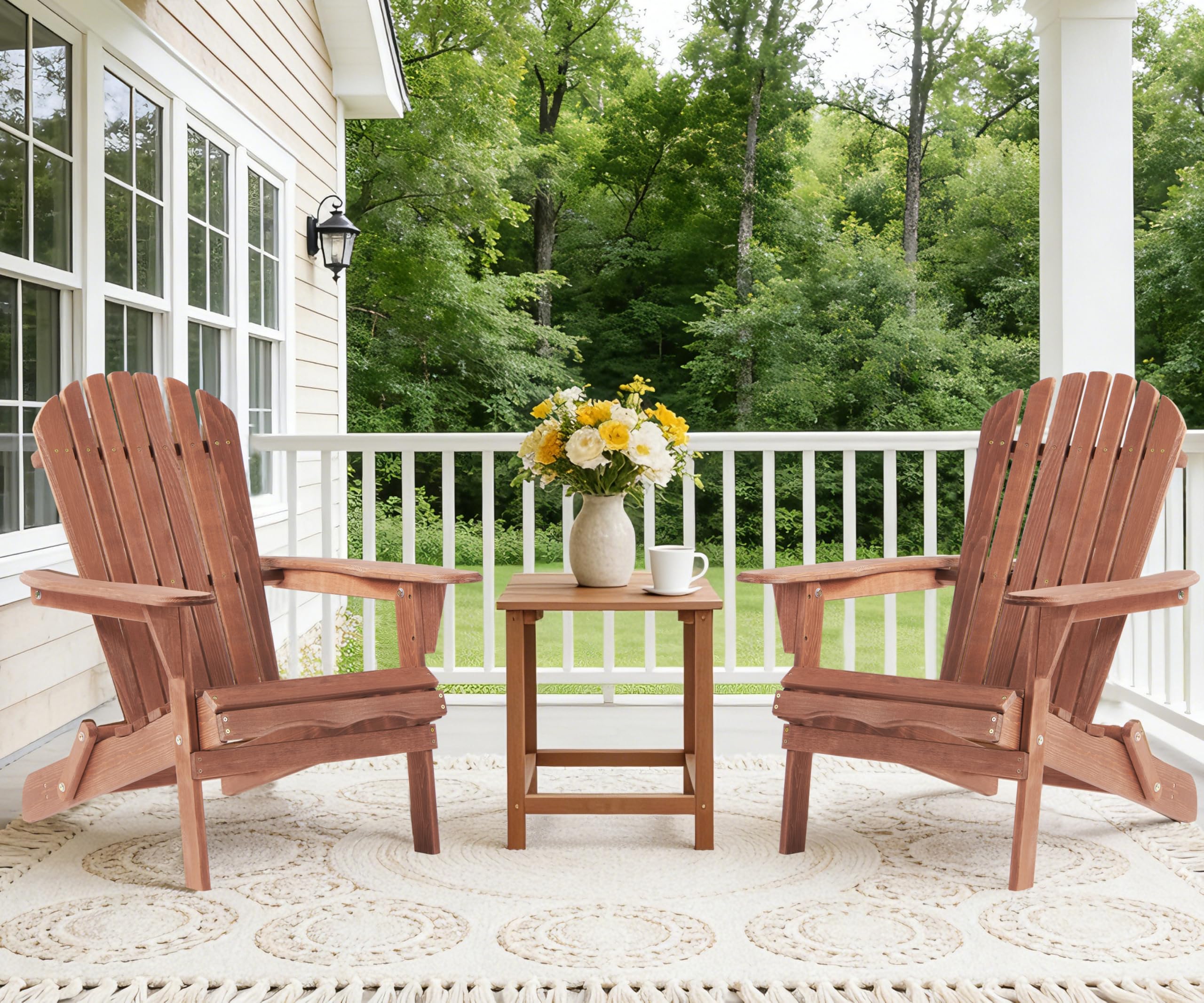 Wood-Natrl Adirondack chairs ready to use; pre-assembled backrest for quick setup.