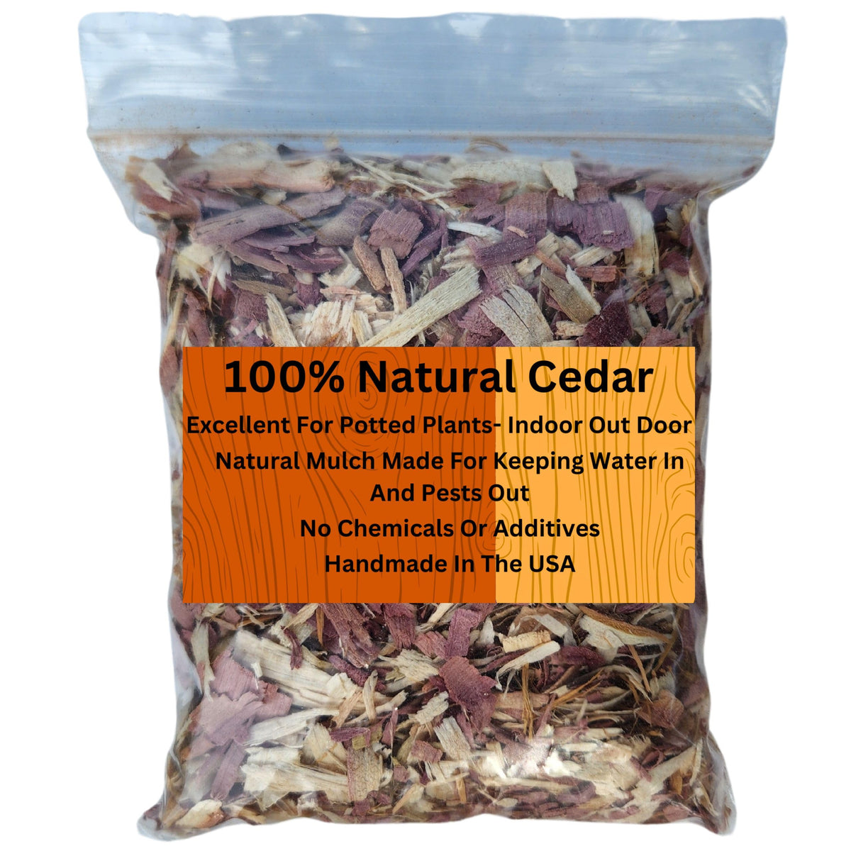 Wood Smith USA cedar shavings in a half-quart bag for plants and pots.
