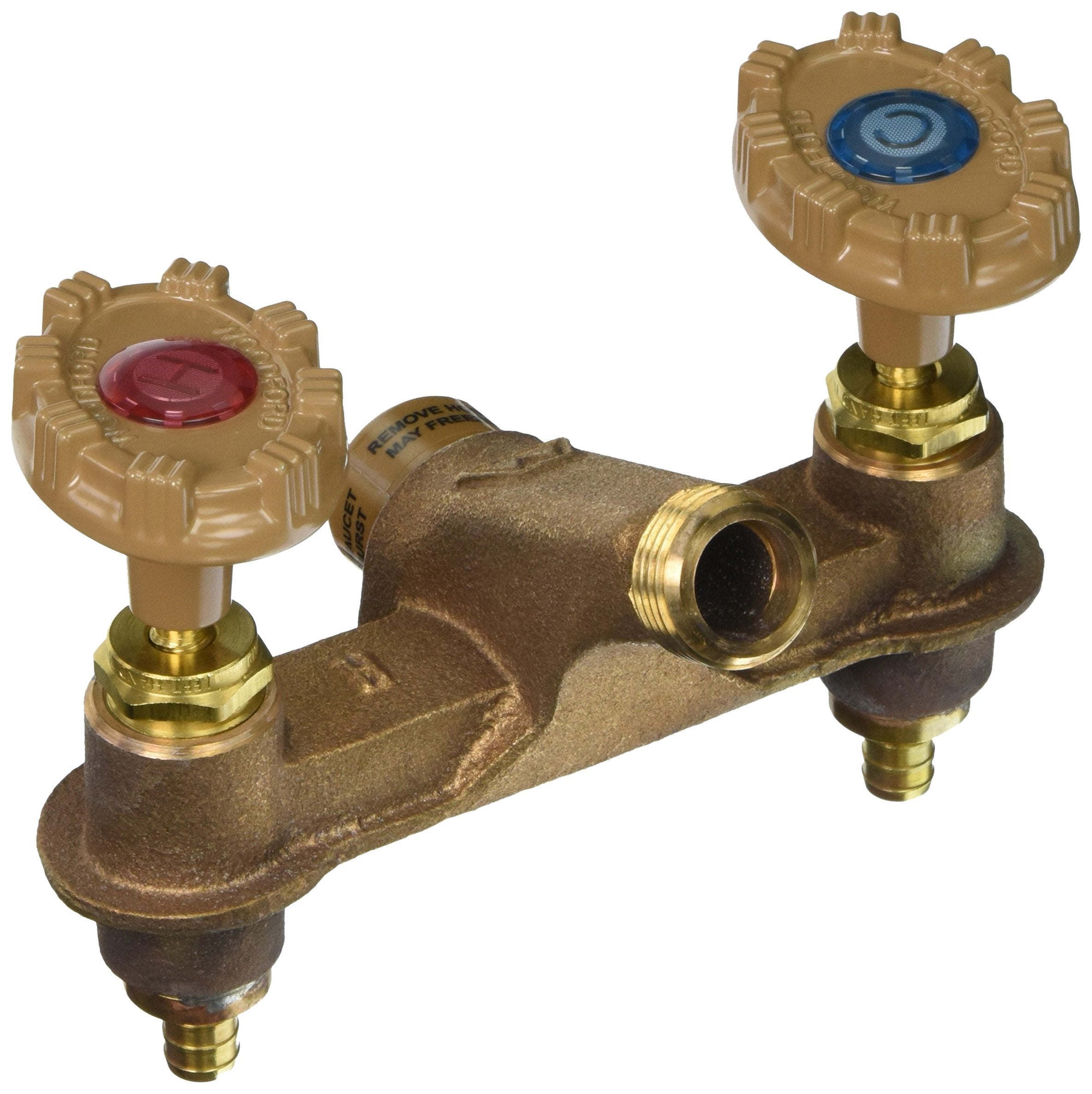 Woodford 122PX wall faucet with hot and cold handles for versatile outdoor cleaning.