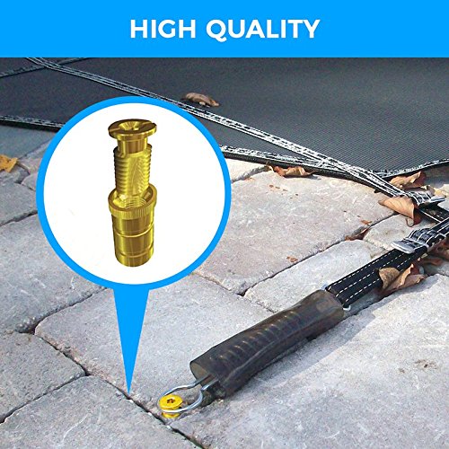 Wood Grip concrete surface anchor securing pool safety cover for winter.
