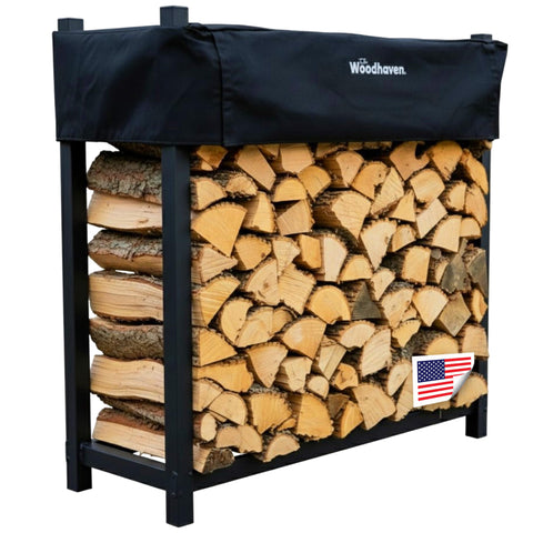 Woodhaven Black 4-Foot Firewood Rack keeps logs neat and dry for ready use.