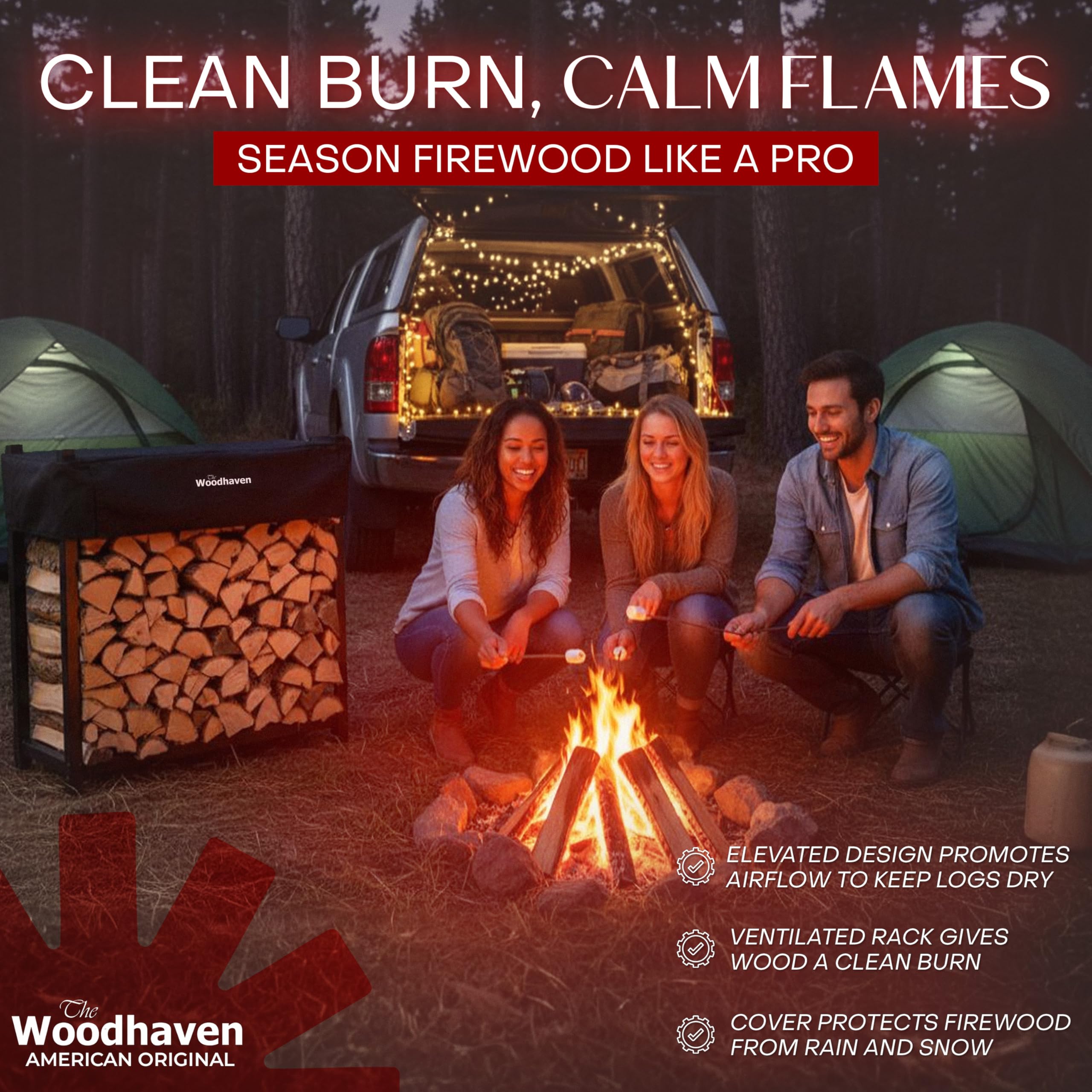 Woodhaven indoor outdoor rack fits cabins, campsites, or backyards.