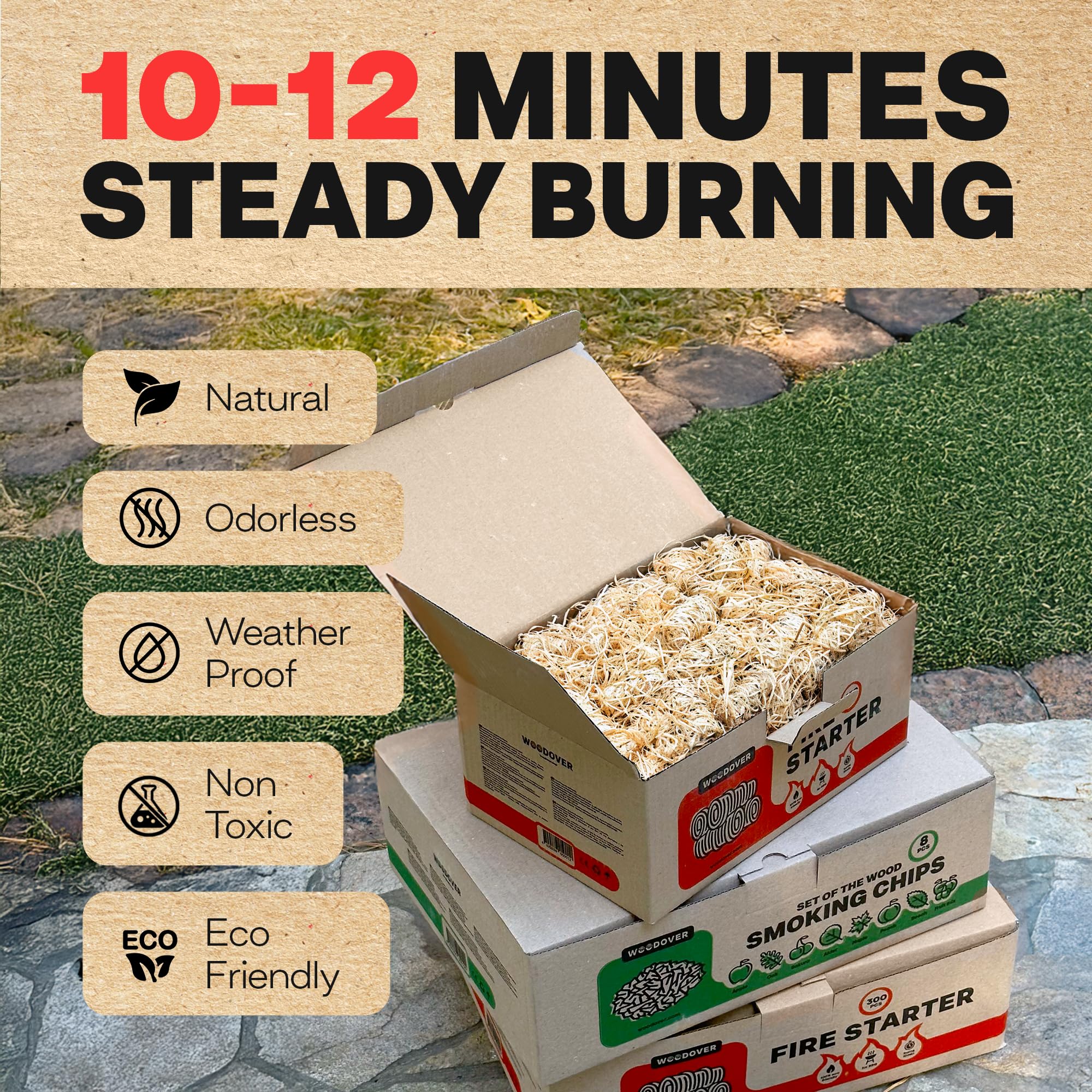 Woodover campfire starters for indoor and outdoor use, weather-resistant.