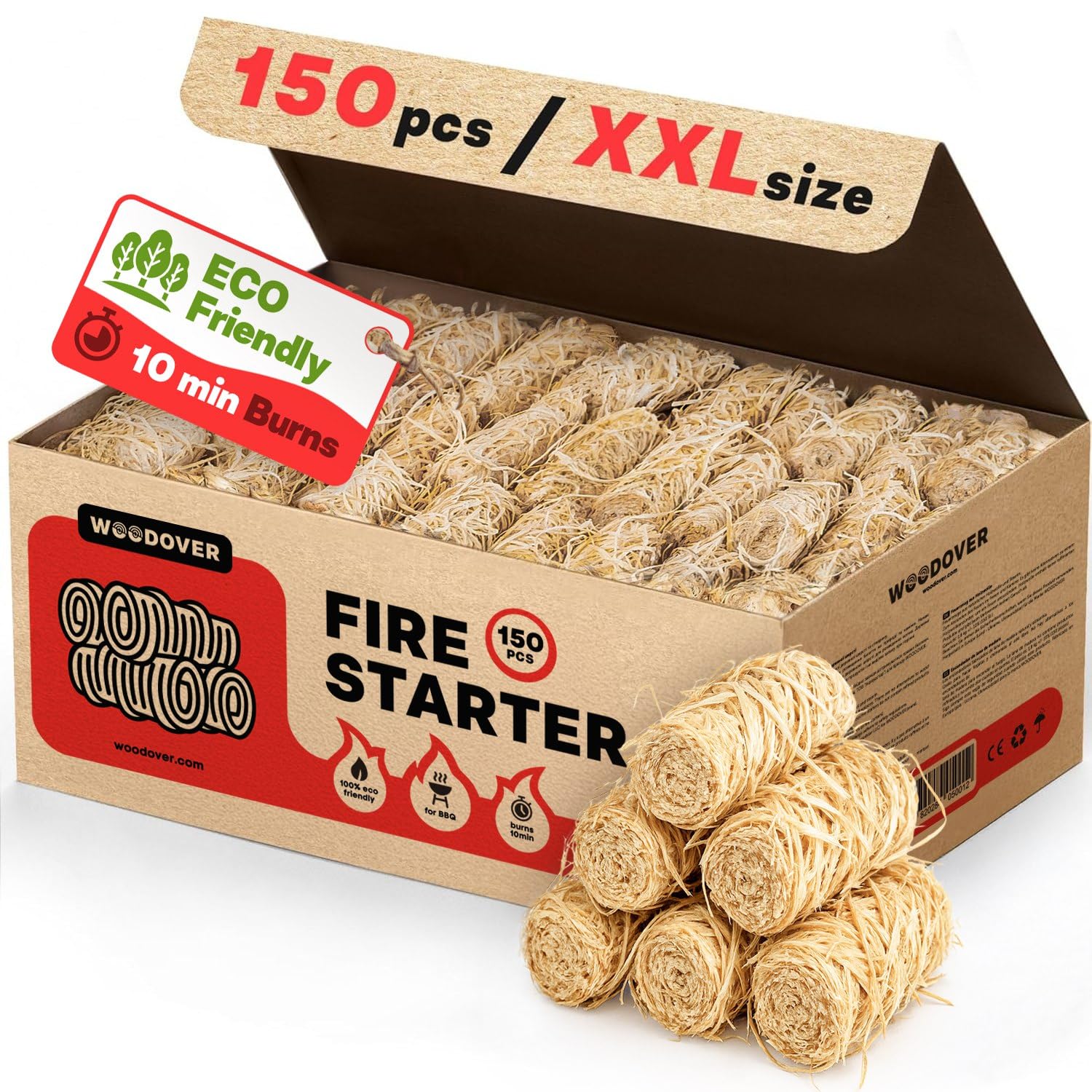 Woodover 150-pcs pack of fire starters for quick ignition.
