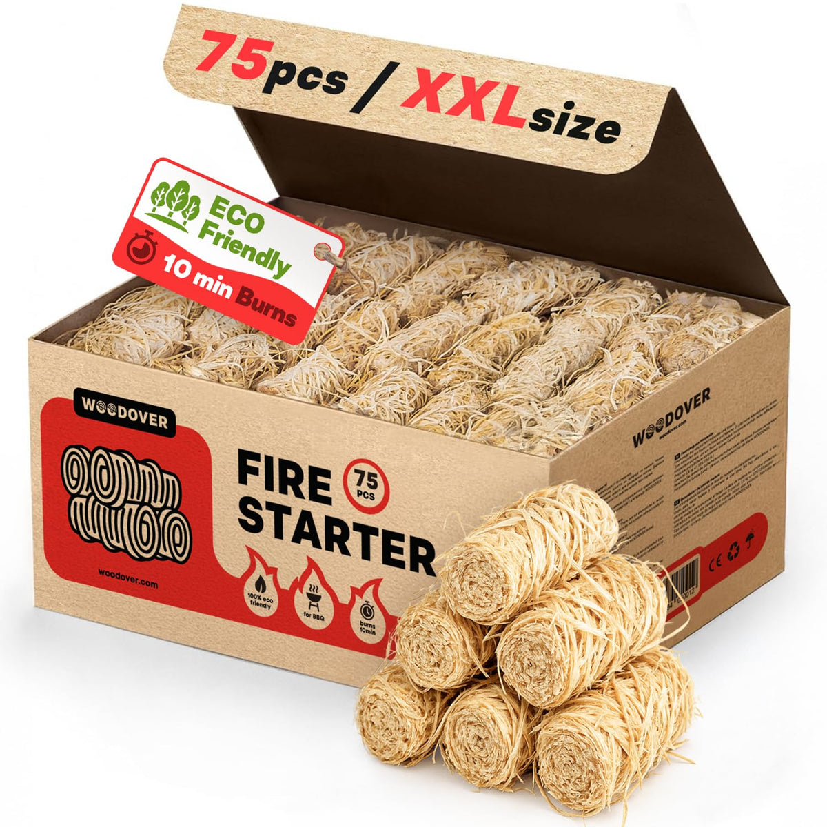 Woodover large fire starters pack, 150 pcs, for quick outdoor flames.