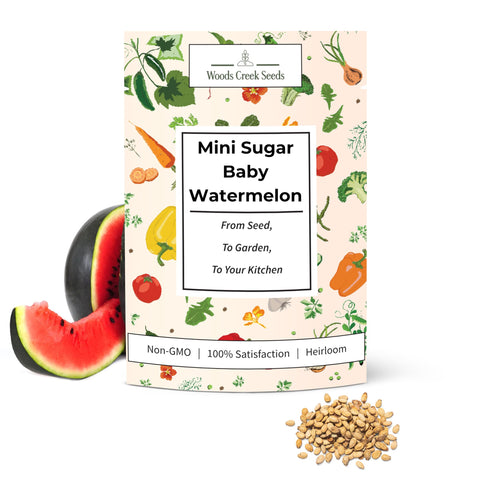 Woods Creek Seeds Sugar Baby seeds pack front, ideal for small-space gardens