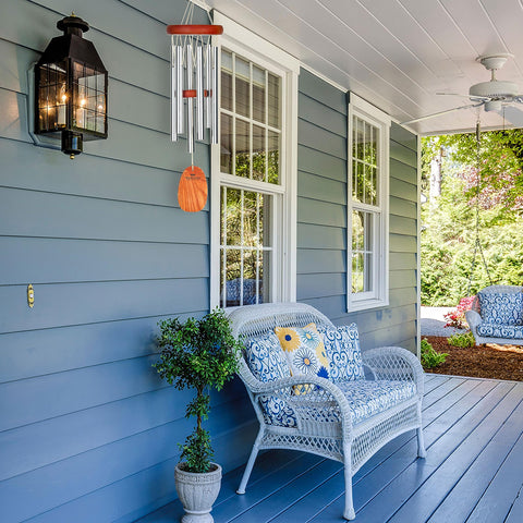 Woodstock Chimes Amazing Grace wind chime close-up of silver tubes highlighting durable outdoor tones