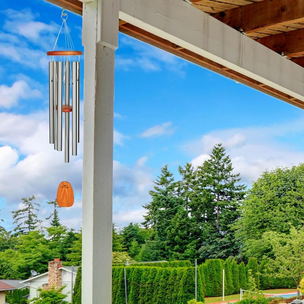 Woodstock Chimes cherry wood Amazing Grace wind chime for outdoor spaces.