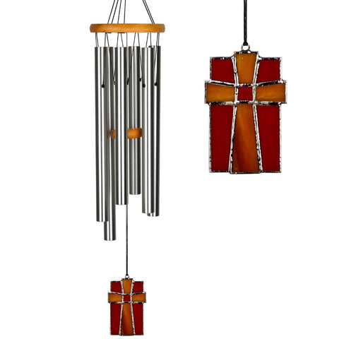 Woodstock Chimes outdoor Amazing Grace chime with stained glass cross enhances garden ambiance