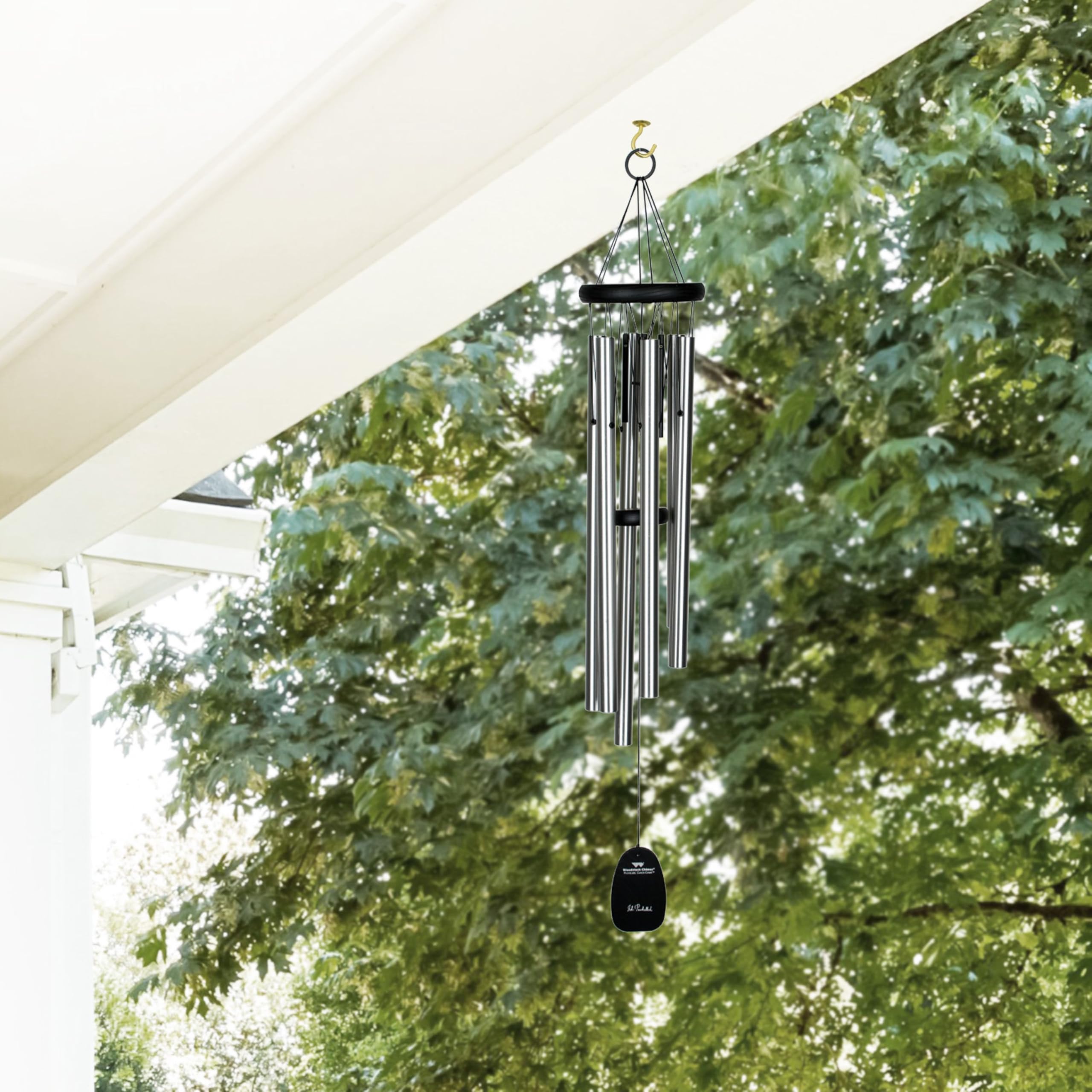 Woodstock Chimes Pachelbel's Canon in D six tubes closeup emphasizes silver finish and tuning clarity.