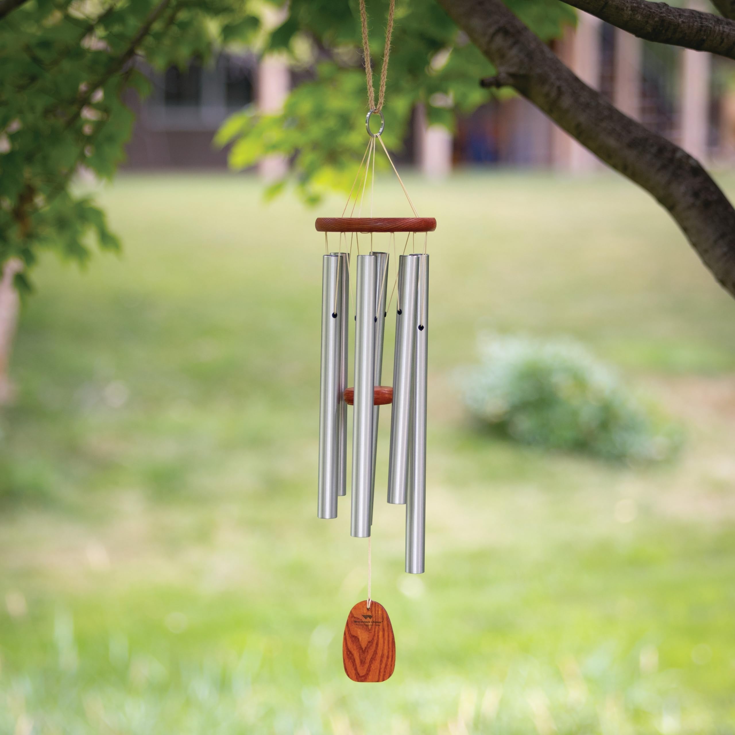 Woodstock Chimes 24-inch chime set with silver tubes complements outdoor decor