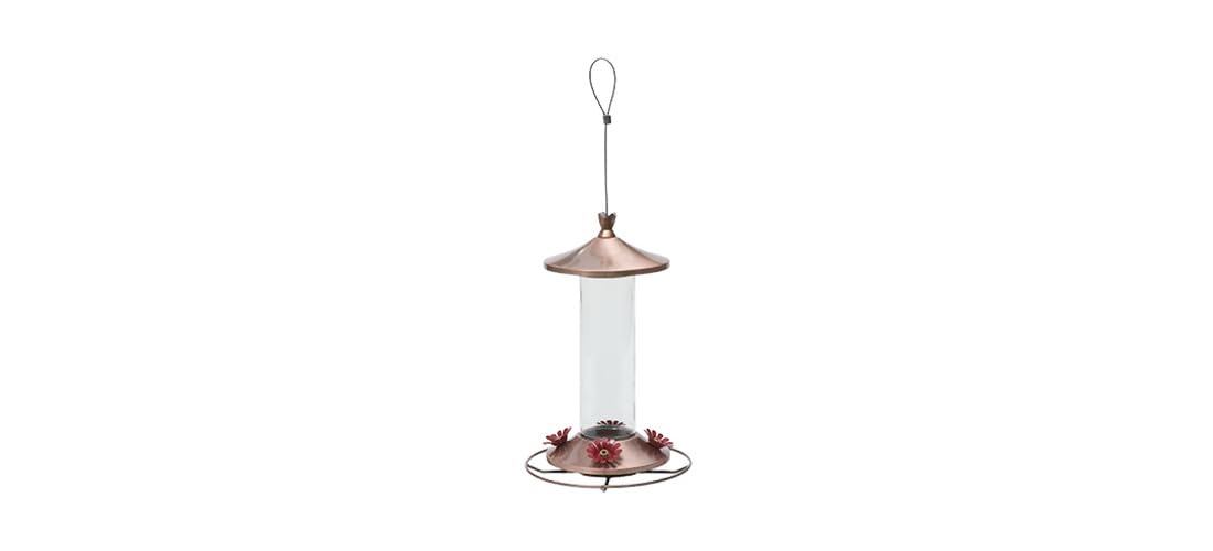 Woodstream Birdscapes copper-glass hummingbird feeder with 12 oz capacity attracts nectar-loving birds to your garden.