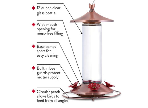 Woodstream Birdscapes hummingbird feeder with 360-degree perch supports feeding from all angles.