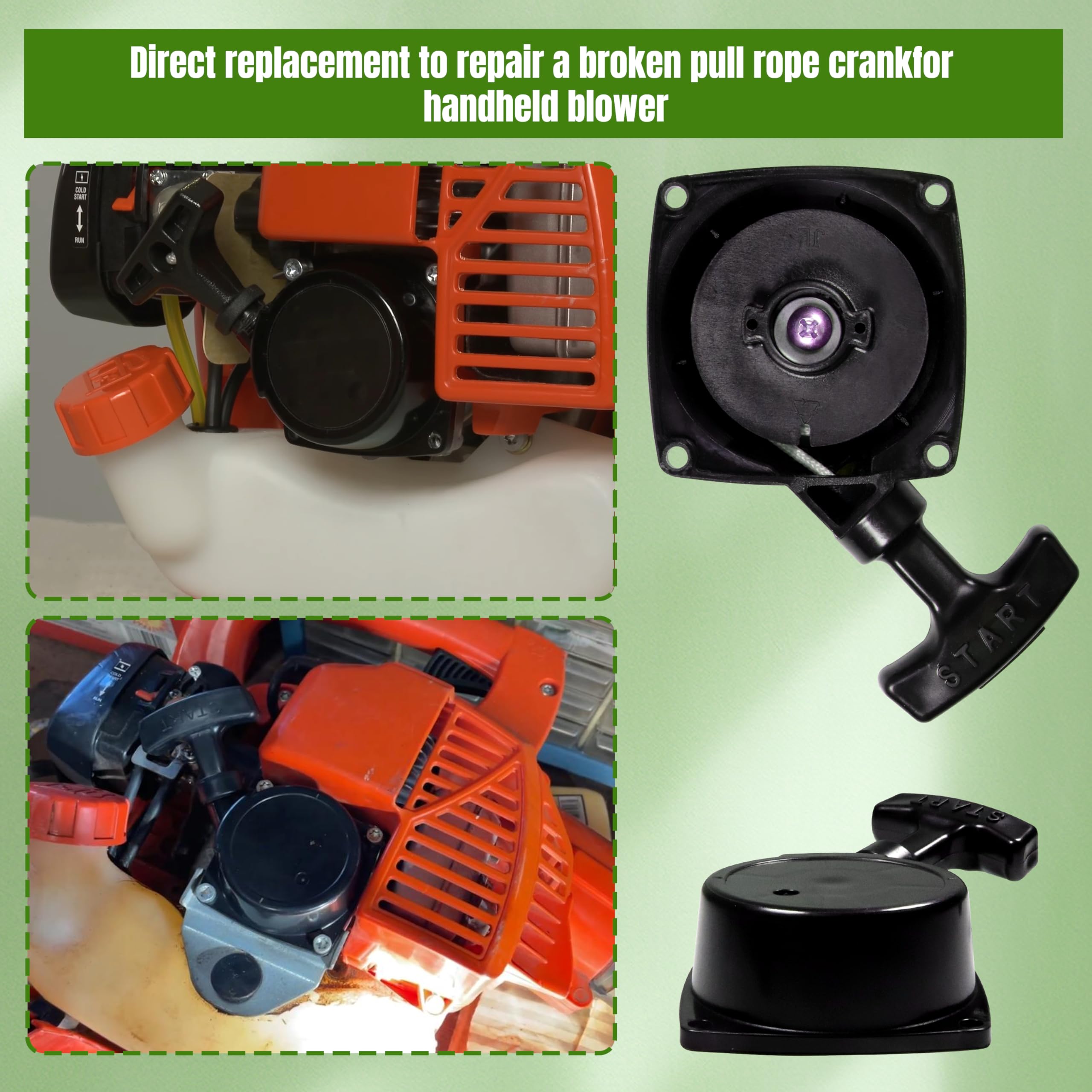 WoodWould recoil starter assembly close-up showing durable plastic construction.