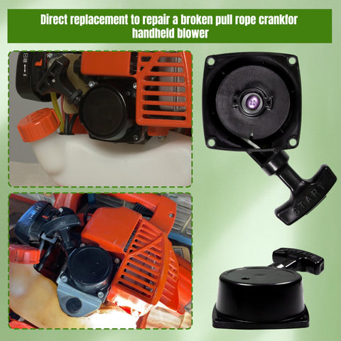 WoodWould recoil starter assembly close-up showing durable plastic construction.