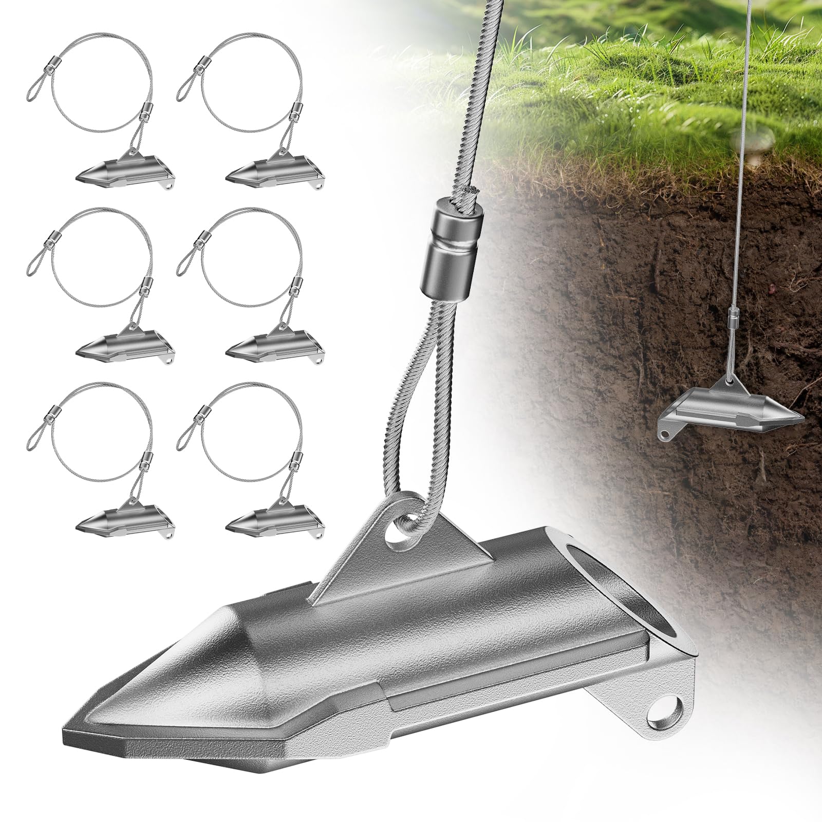 WooFog six-pack earth anchors in packaging for outdoor setup