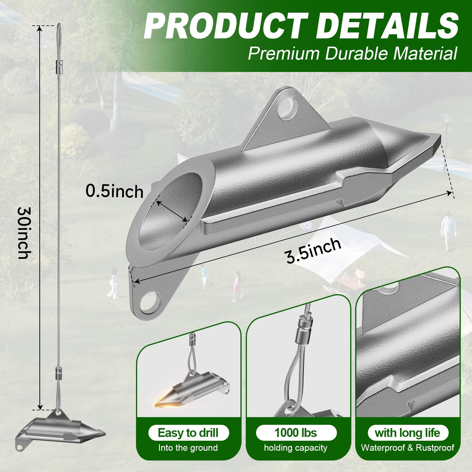 WooFog earth anchors close-up shows galvanized steel durability