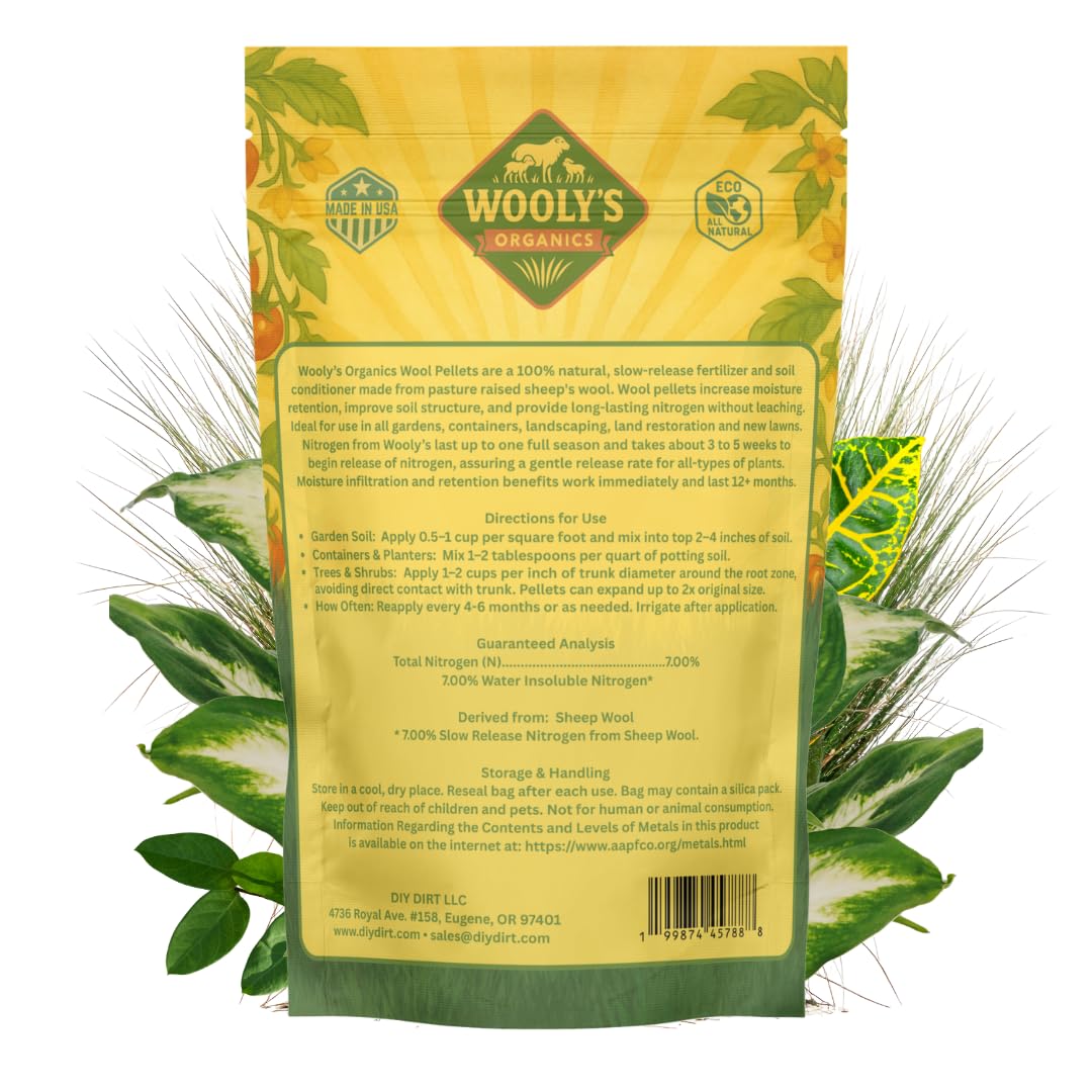 Wooly's Organics Wool Pellets 7-0-0 label on bag indicating slow-release nitrogen