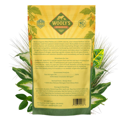 Wooly's Organics Wool Pellets 7-0-0 label on bag indicating slow-release nitrogen