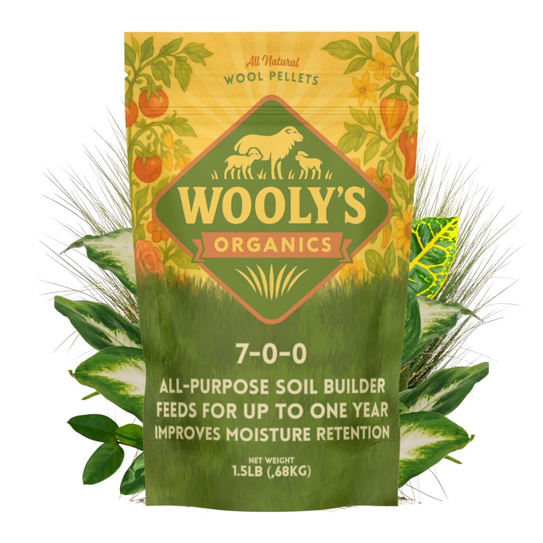 Wooly's Organics Wool Pellets bag close-up showing natural fibers and soil-friendly texture