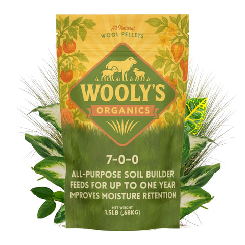 Wooly's Organics Wool Pellets bag close-up showing natural fibers and soil-friendly texture