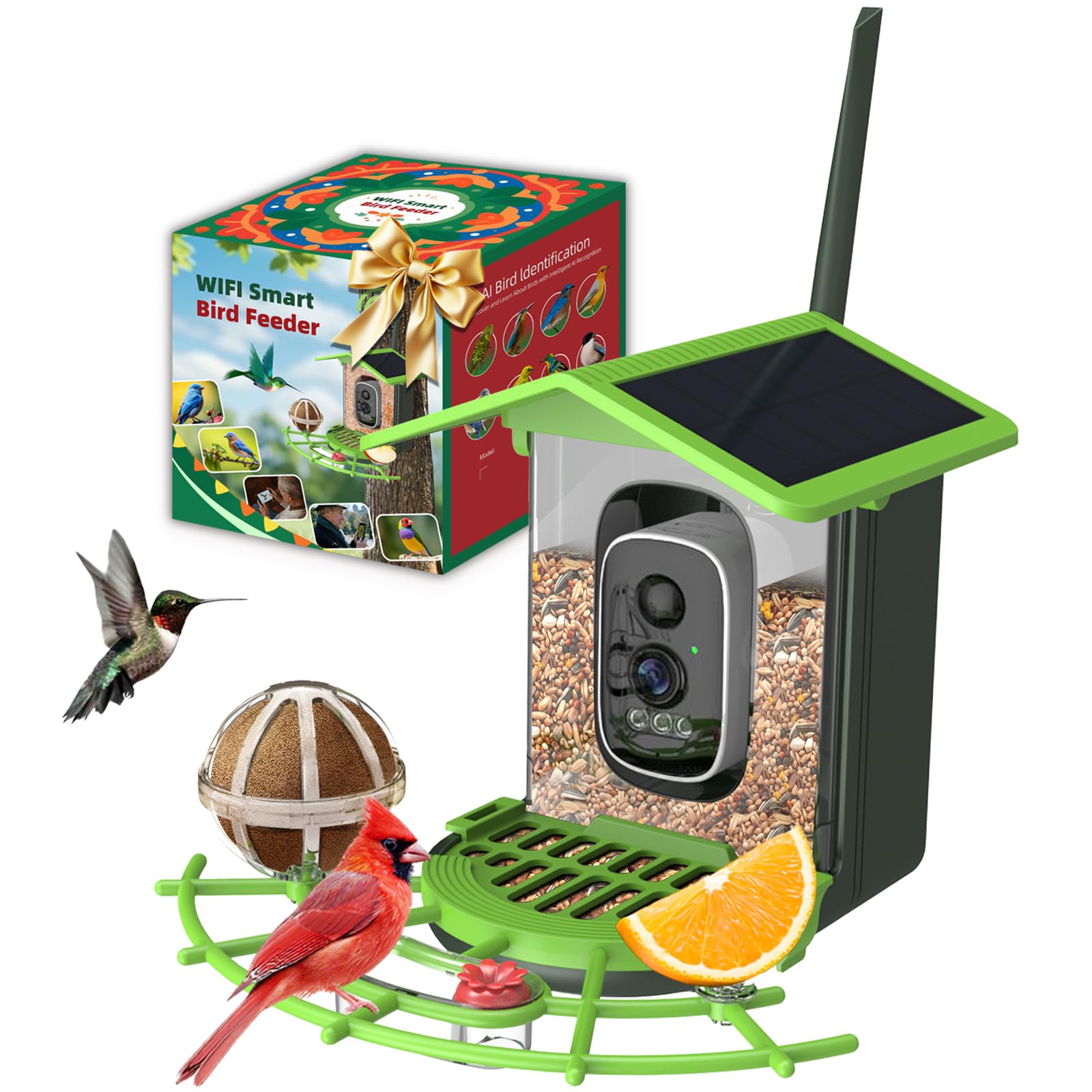 WOOMO bird feeder camera front view captures clear bird detail.