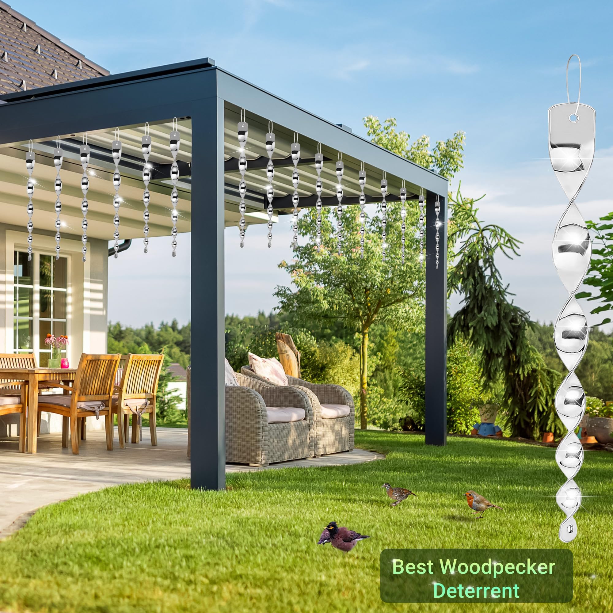 Woosuke decorative silver spiral design adds charm while keeping birds away.