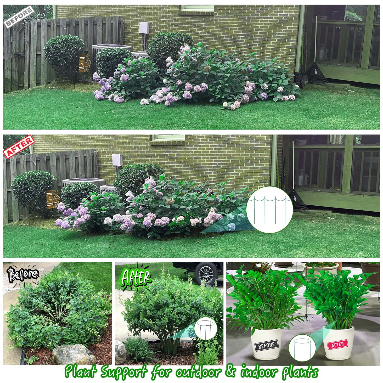 WooWellGoGoGo dark-green-plant-cage blends with foliage while supporting multiple stems.