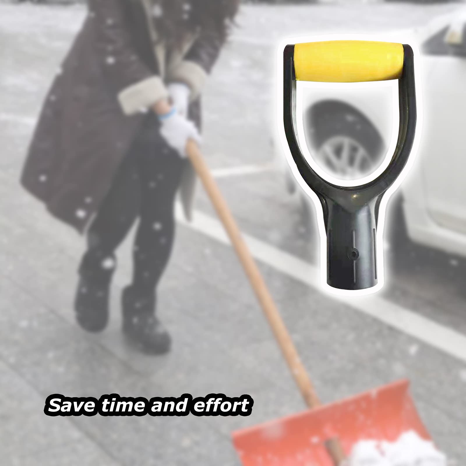 Bright yellow WORAMUK spade handle increases visibility in snow.