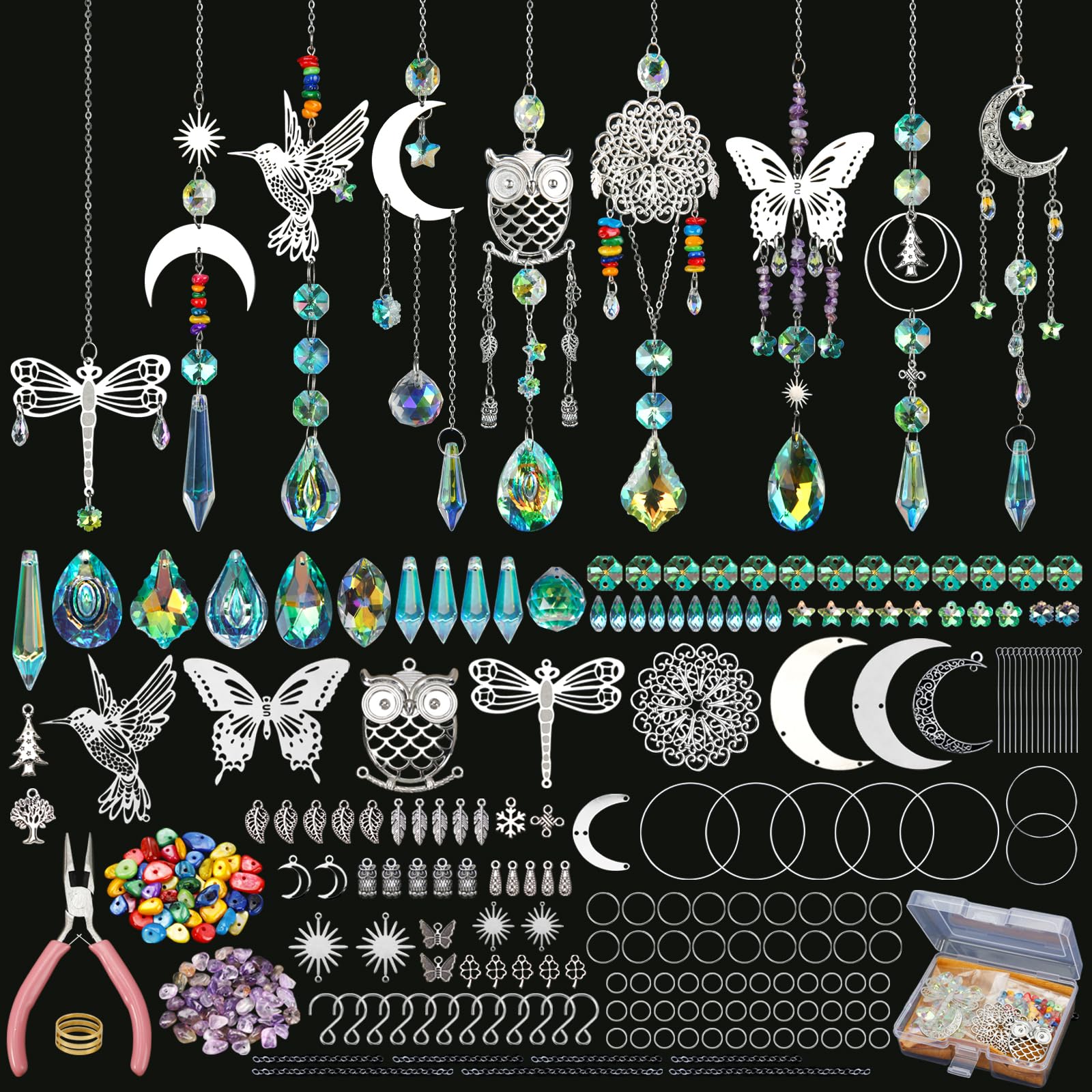 Worgree DIY Suncatcher Kit contents with crystals and charms for sparkling crafts.
