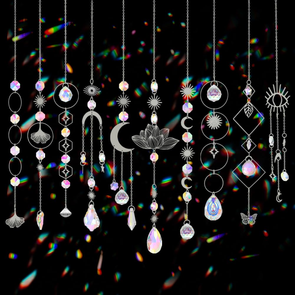 Worgree sun catcher prism collection hanging in a window to cast colorful rainbows