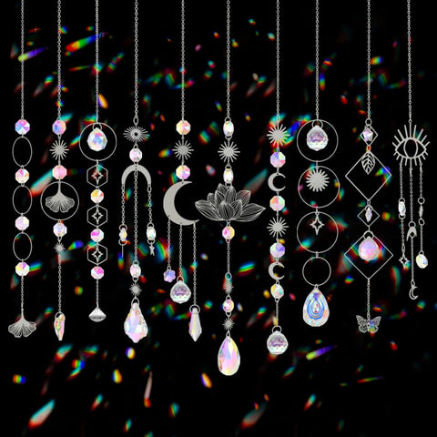 Worgree sun catcher prism collection hanging in a window to cast colorful rainbows