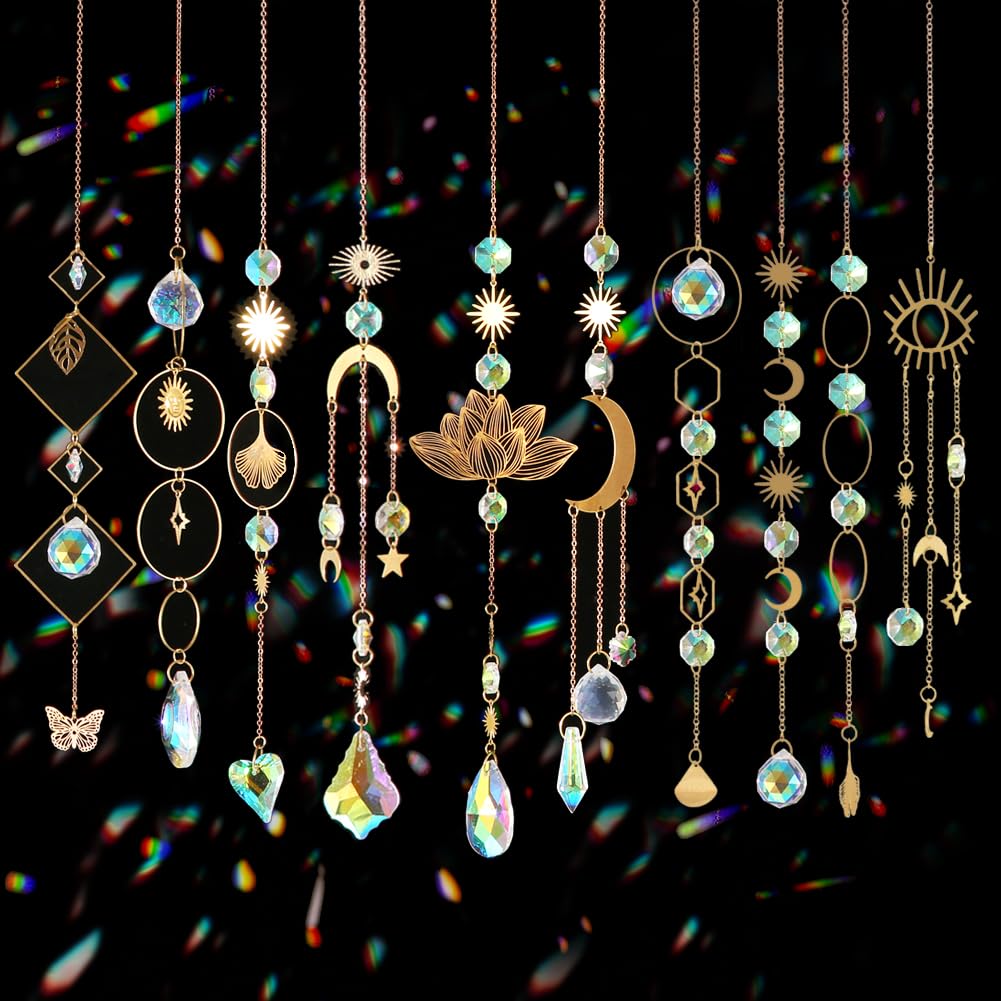 Worgree sun catchers 10-piece set reflecting bright rainbows in sunlight