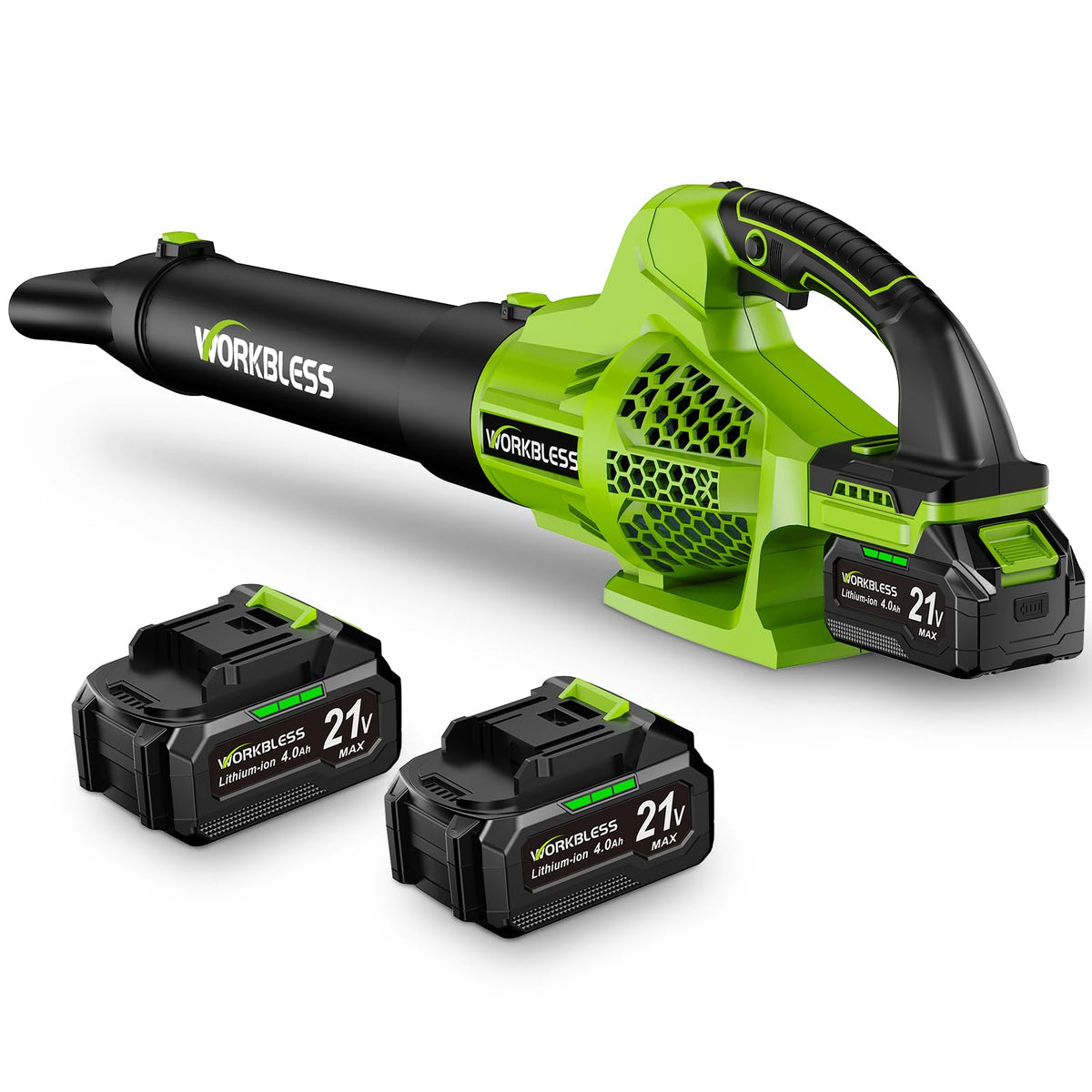 WorkBless cordless leaf blower with 22,000 rpm motor for powerful debris clearance.