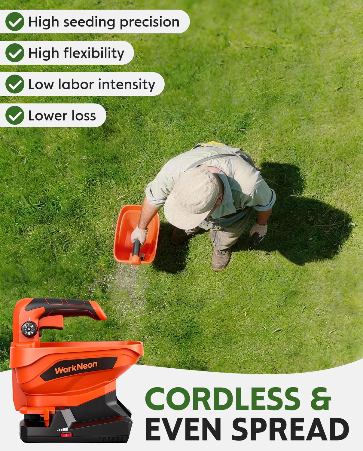 WorkNeon large hopper reduces refills during big lawn tasks