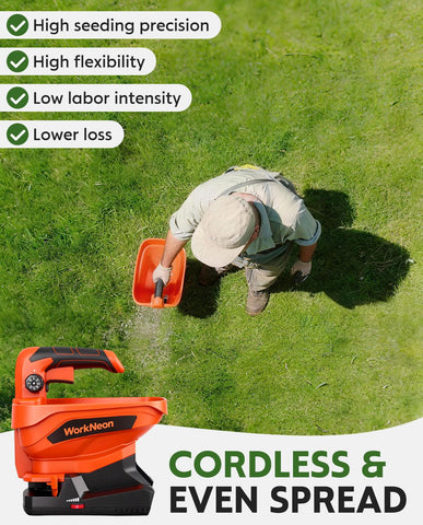 WorkNeon large hopper reduces refills during big lawn tasks