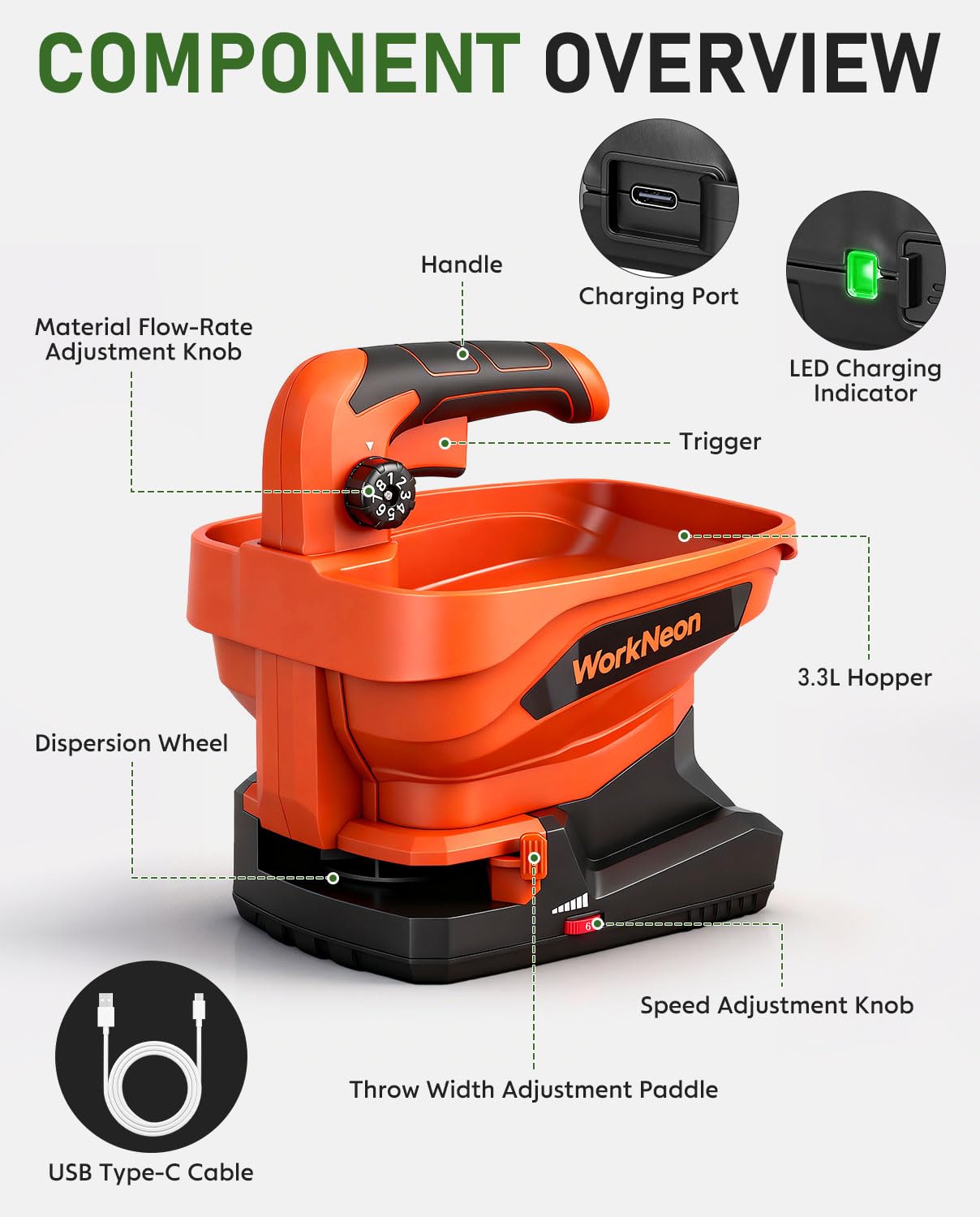 WorkNeon handheld spreader for winter salt on icy paths