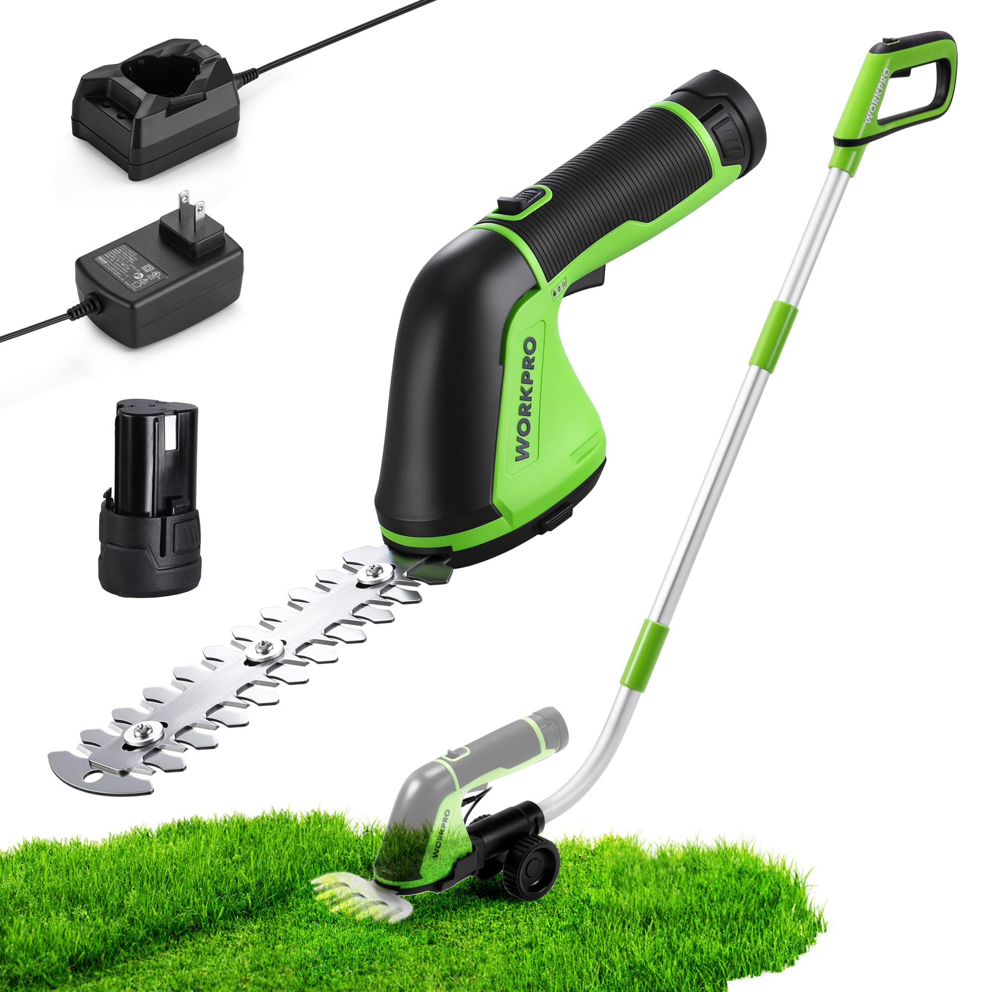 WORKPRO 12V cordless grass shear in 2-in-1 mode trimming hedges and grass