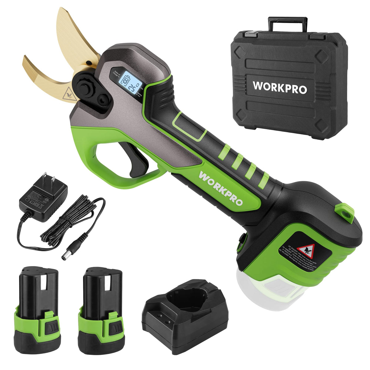 WORKPRO 12V pruning shears with battery pack for extended cordless pruning sessions.