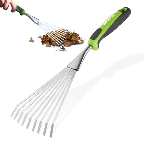 Workpro 16-inch hand rake compact reach helps access tight cracks between plants.