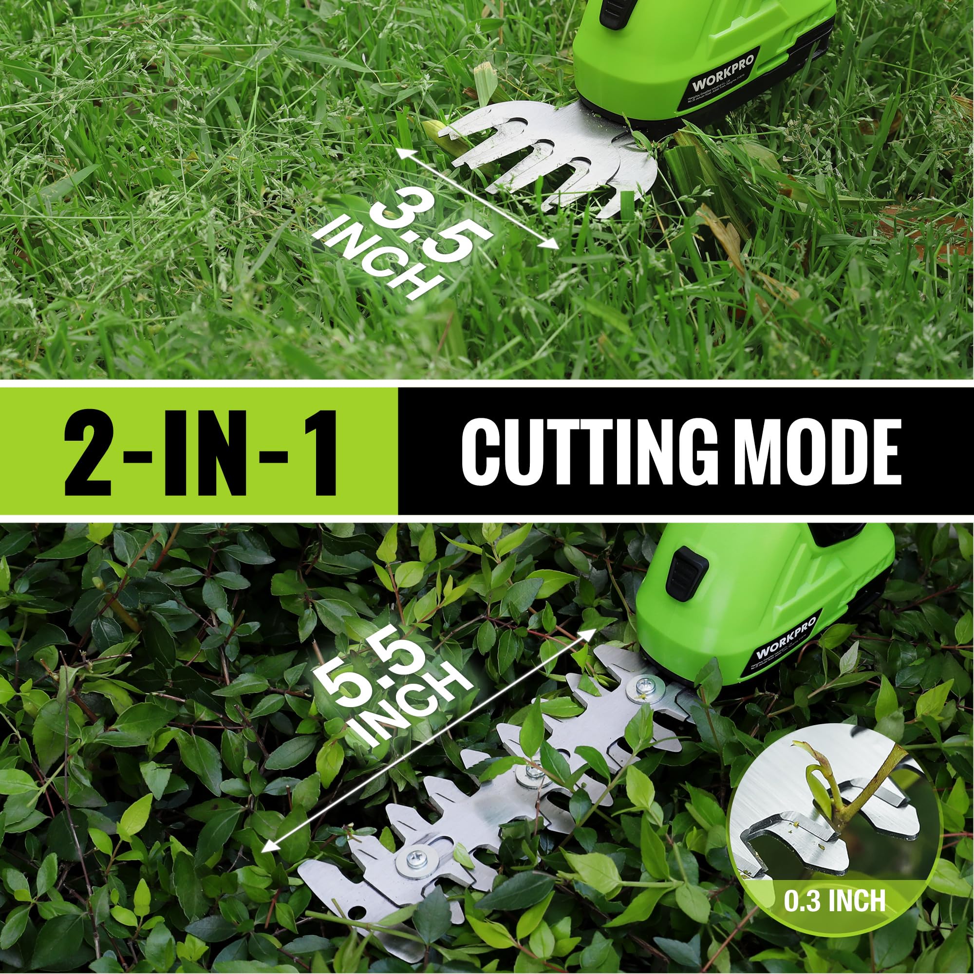 WORKPRO 2-in-1 blades for grass and shrubs increase trimming versatility.