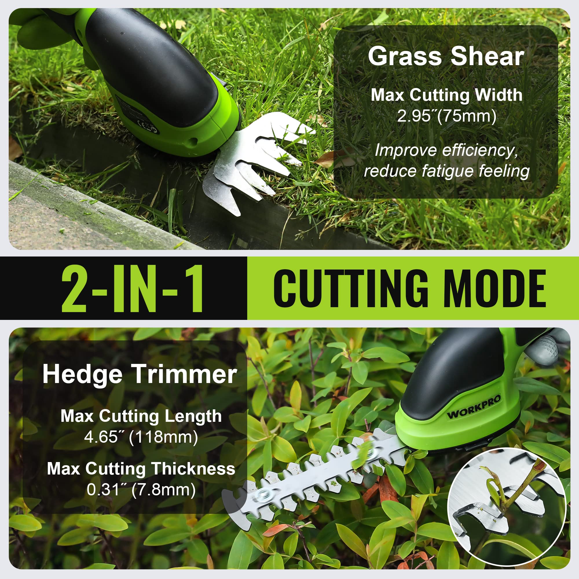 WORKPRO 2-in-1 hedge trimmer switch for quick mode change