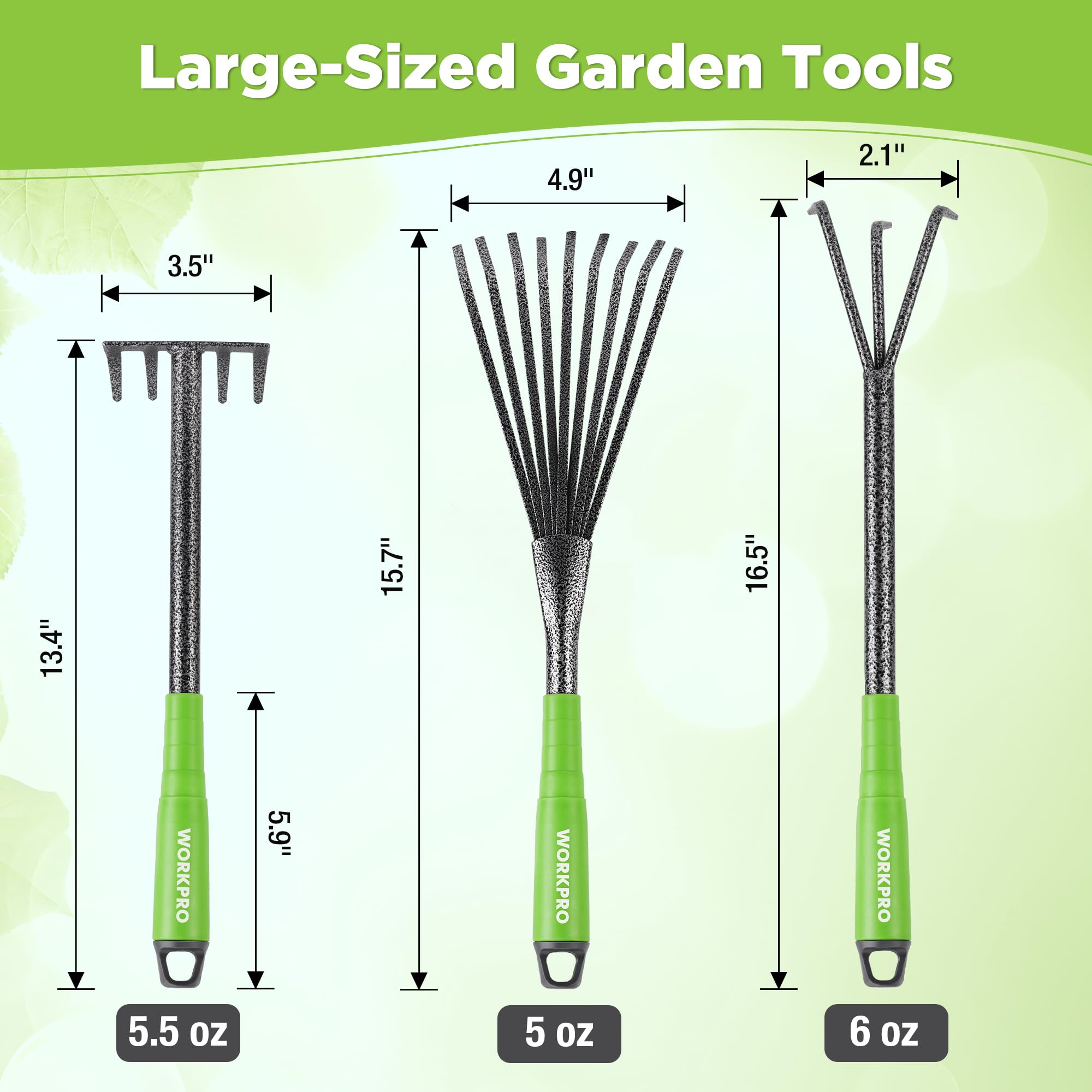 WORKPRO 6-piece set featuring a 9-tine leaf rake for fast debris cleanup