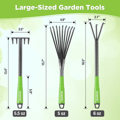 WORKPRO 6-piece set featuring a 9-tine leaf rake for fast debris cleanup