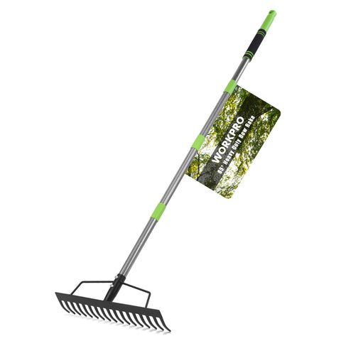 WORKPRO 65inch bow rake with 17-tine metal head for efficient soil loosening and leaf gathering