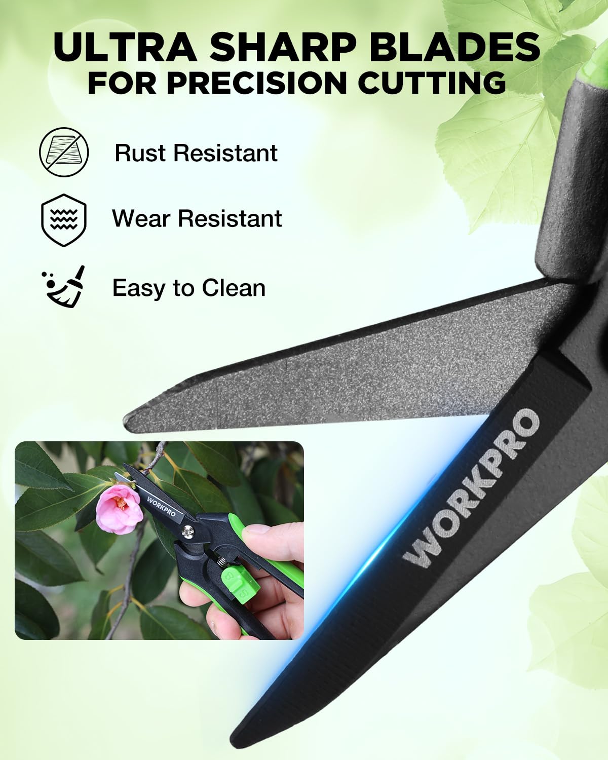 WORKPRO pruning shear safety lock ensures safe storage and one-handed use