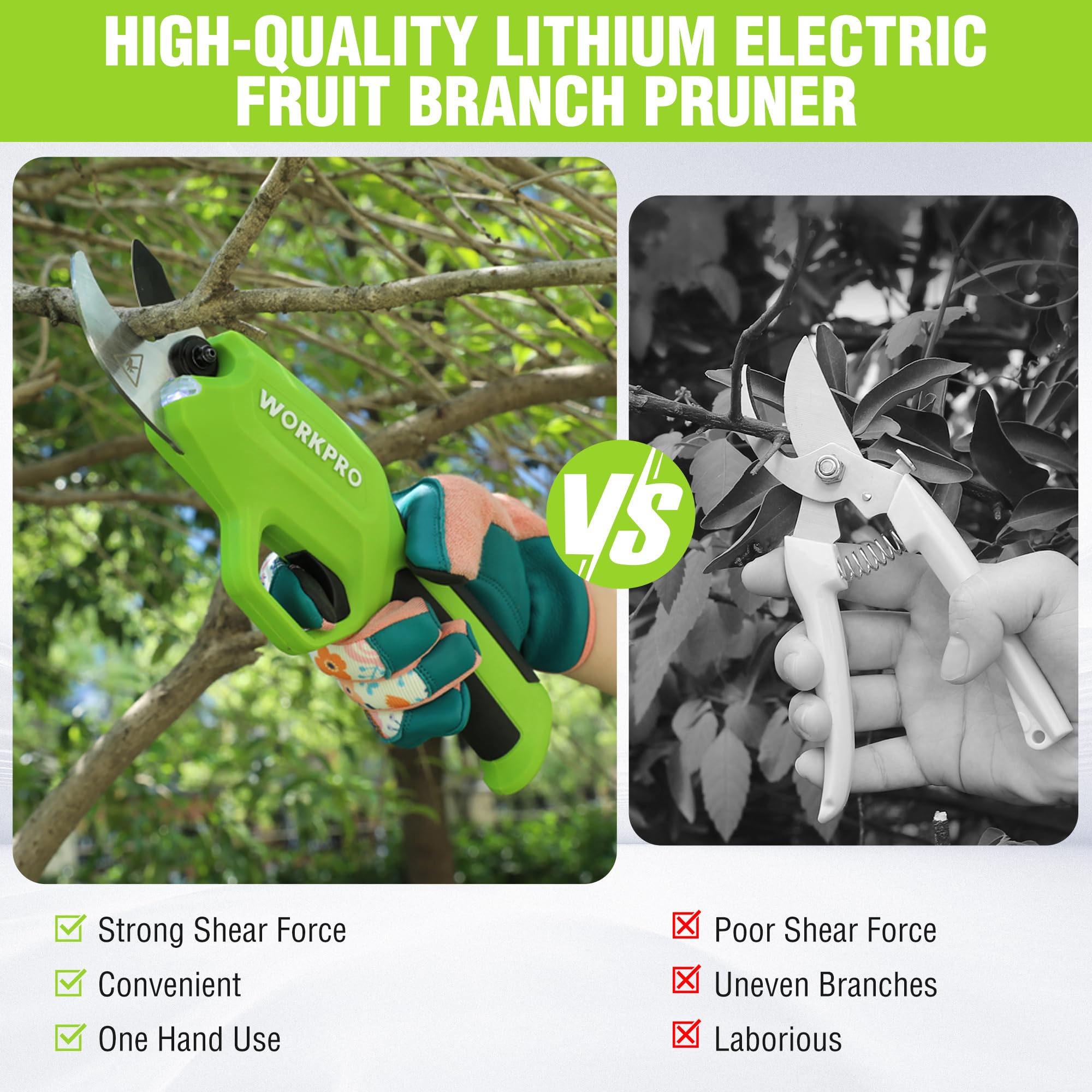 WORKPRO 7.2V handles 20mm cutting capacity for precise pruning.