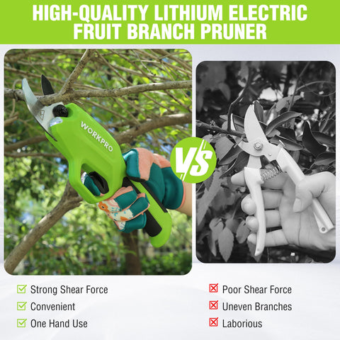 WORKPRO 7.2V handles 20mm cutting capacity for precise pruning.