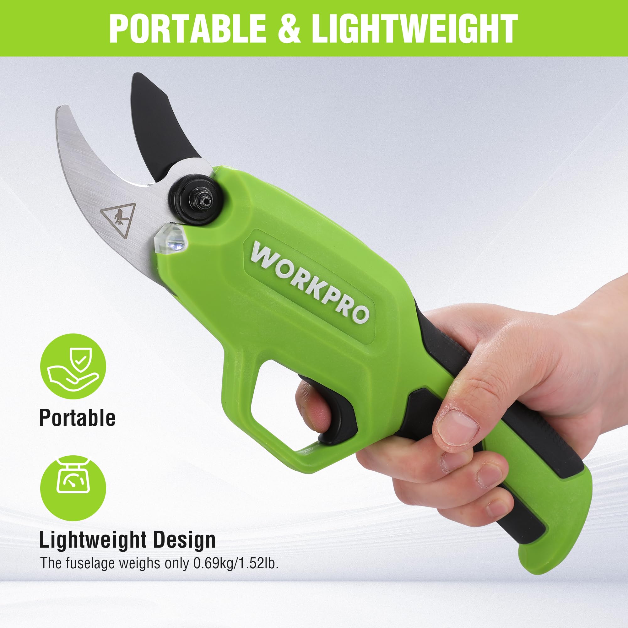 LED light activated on WORKPRO pruning shears for dim conditions.