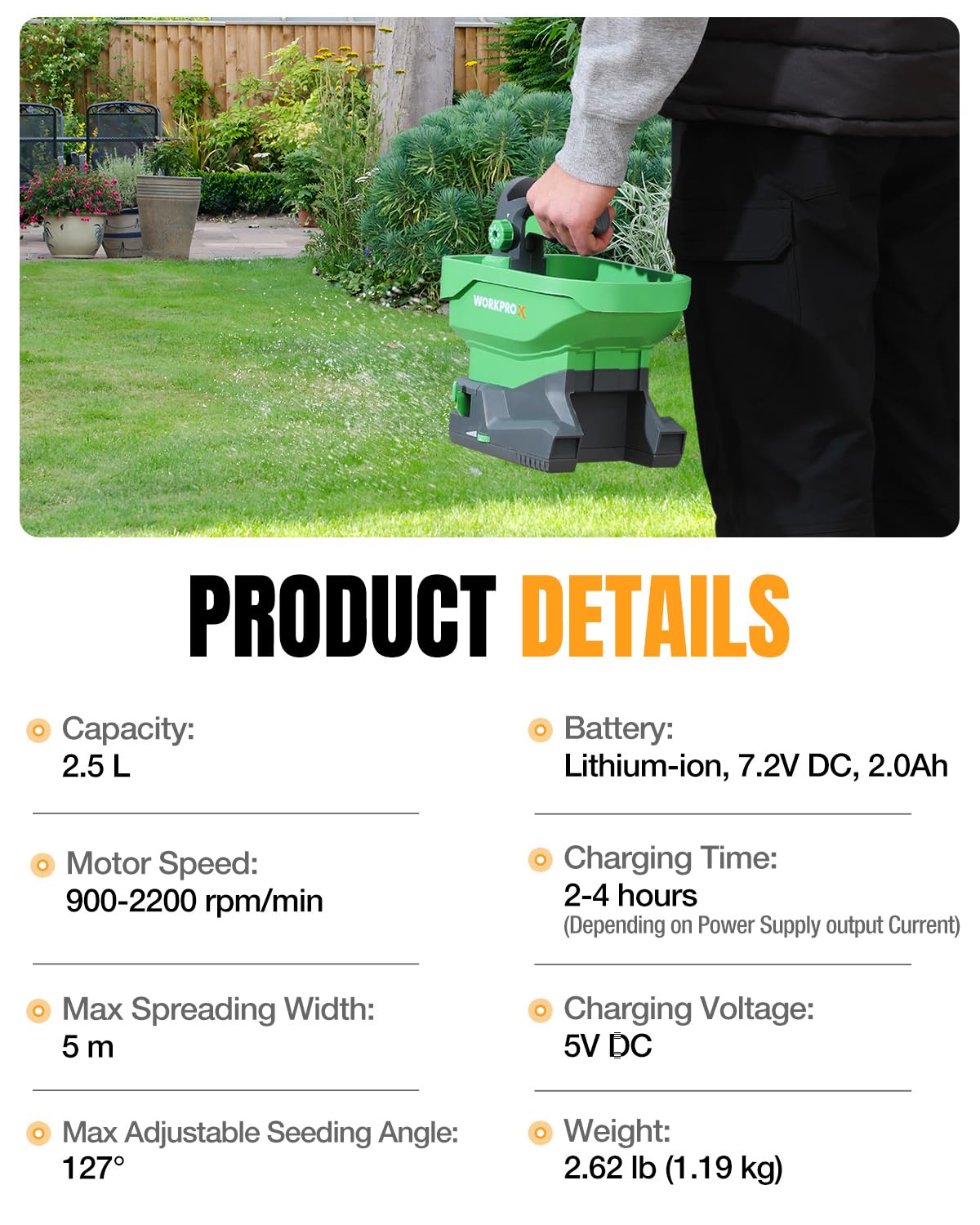 WORKPRO spreader showing 8-level settings and angle control for precise distribution.